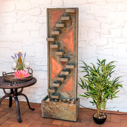 Descending Staircase Slate Indoor/Outdoor Water Fountain with Copper Accents and LED Spotlight