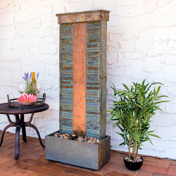 Rippled Slate Indoor/Outdoor Water Fountain with Copper Accents and LED Spotlight