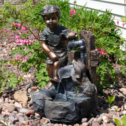 Boy and Puppy Filling Bucket at Water Pipe Outdoor Fountain, Outdoor