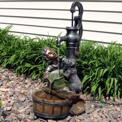 Boy and Dog Drinking from Water Pump, Outdoors
