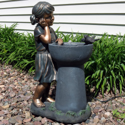 Little Girl Admiring Water Spout Outdoor Garden Water Fountain, Outdoor