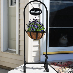 Sunnydaze Outdoor Hanging Basket Planter Stand with Metal Welcome Sign, 45 Inch Tall