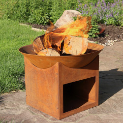 Rustic Cast Iron Fire Pit Bowl with Built-In Log Holder