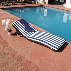 Sunnydaze Maui Folding Wicker Rattan Sun Lounger with Blue Stripes