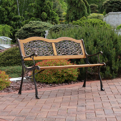 Sunnydaze 2-Person Outdoor Bench, Cast Aluminum and Wood with Ivy Crossweave Design, 49-Inch