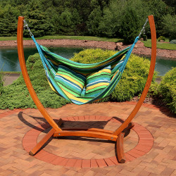 Sunnydaze Hanging Hammock Chair Swing with Sturdy Space-Saving Wooden Stand for Indoor or Outdoor Use, Ocean Breeze