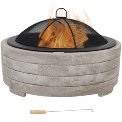 Large Faux Stone Wood-Burning Fire Pit Ring with Steel Fire Bowl, Spark Screen and Poker