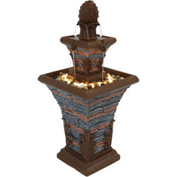 2-Tier Stacked Stone Look Outdoor Water Fountain with LED Rope Light