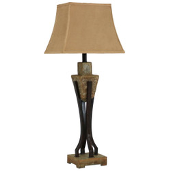 Modern Table Lamp with Caged Black Metal Base and Fabric Lampshade