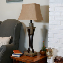 Modern Table Lamp with Caged Black Metal Base and Fabric Lampshade