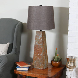 Indoor Table Lamp with Slate Pyramid Base and Fabric Lampshade