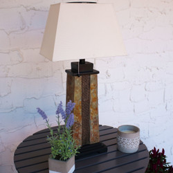 Outdoor Solar Table Lamp with 2-Tone Slate Base and Fabric Shade
