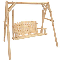 3-Seater Rustic Log Wood Patio Outdoor Swing and Stand