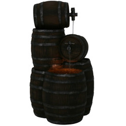 Stacked Rustic Cascading Whiskey Barrel Outdoor Water Fountain, Nighttime
