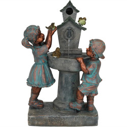 Boy and Girl with Birds at Birdbath Outdoor Water Fountain