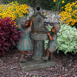 Boy and Girl with Birds at Birdbath Outdoor Water Fountain