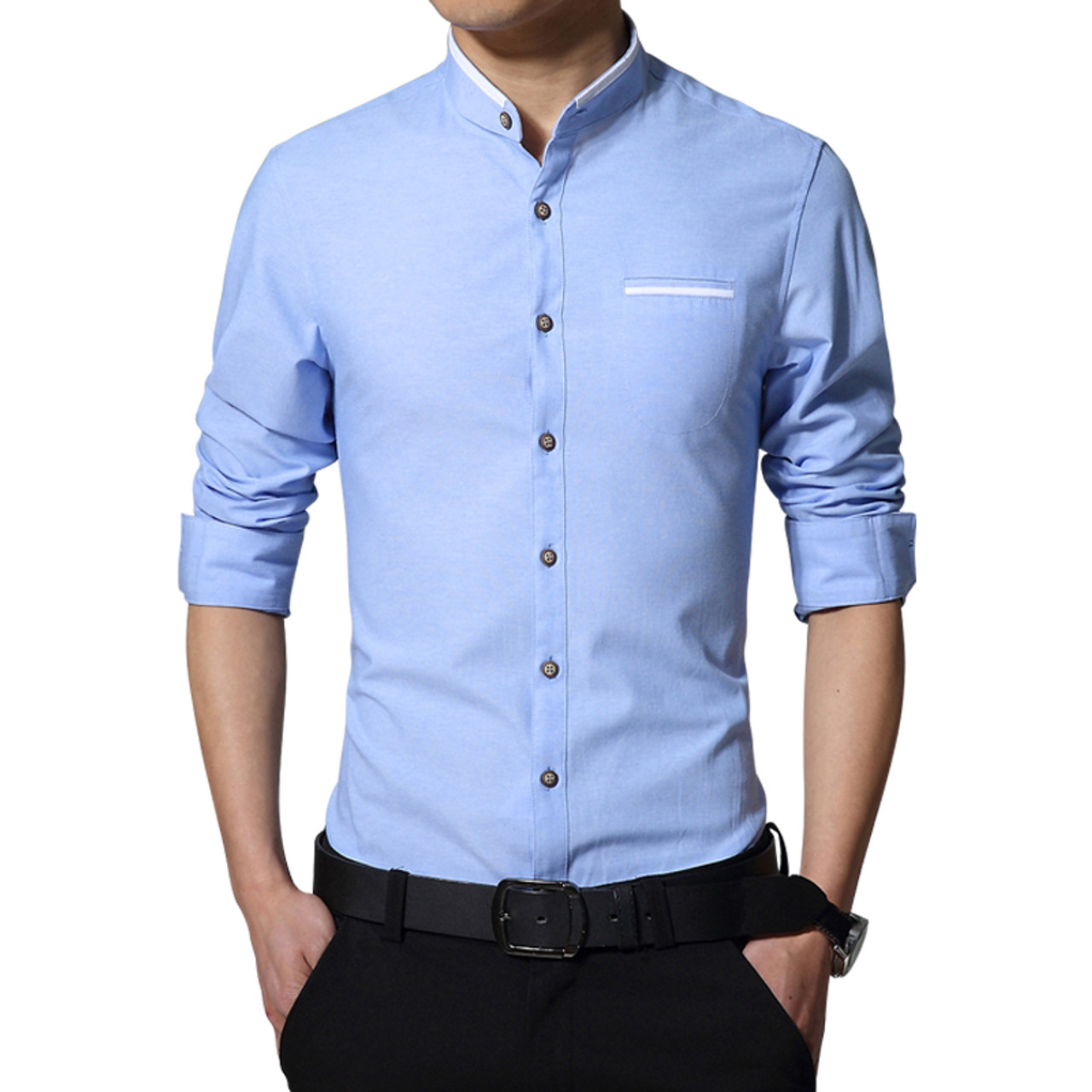 New Fashion Casual Men Shirt Long Sleeve Mandarin Collar Slim Fit Shirt ...