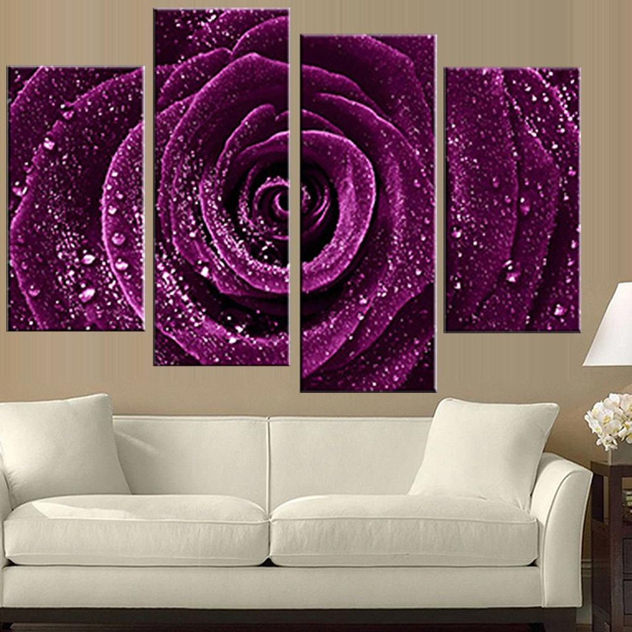4 Pcs Set Combined Flower Paintings Purple Rose Modern Wall Painting