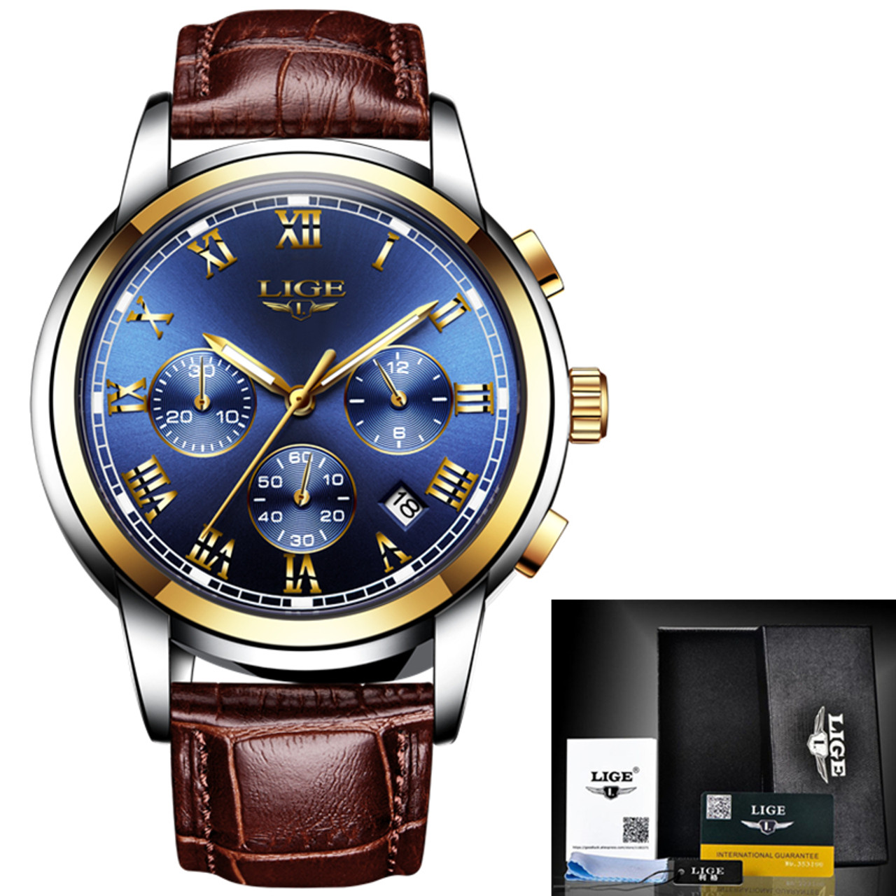 LIGE Mens Watches Top Brand Luxury Leather Casual Quartz Watch Men