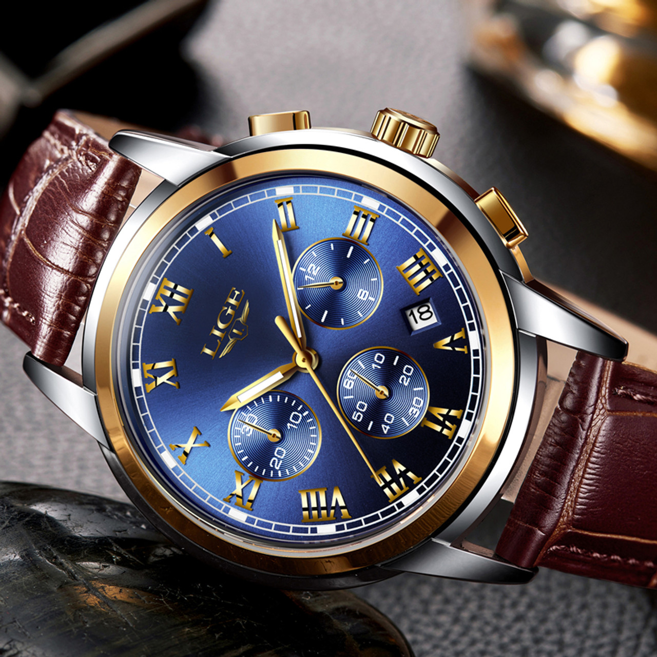 LIGE Mens Watches Top Brand Luxury Leather Casual Quartz Watch Men ...