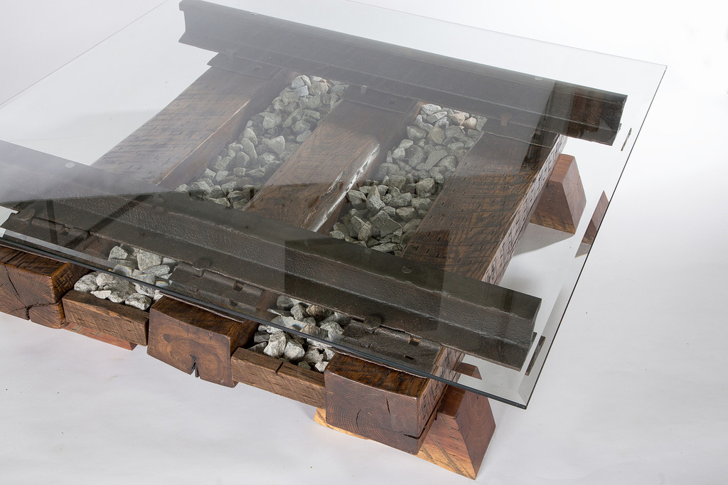 railroad track coffee table with cross ties, steel rail, and granite stone ballast