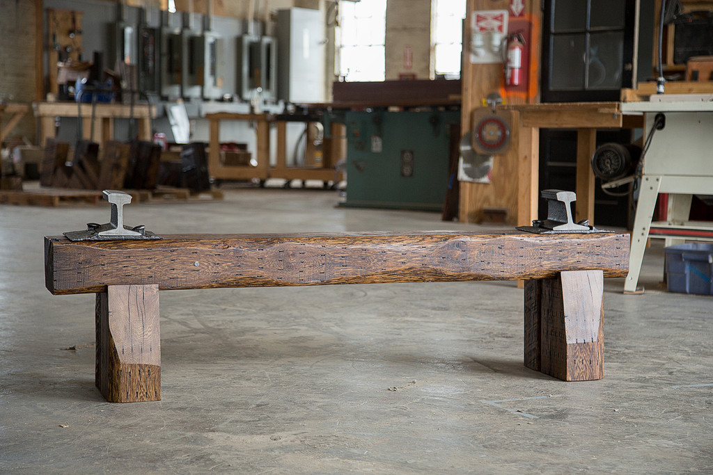 rich naturally grained red finish industrial bench from reclaimed oak wood