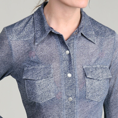 Denim Print Sheer Western Shirt (Half Sleeve)