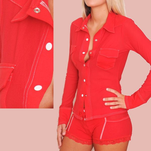 Red / Red Trim Sheer Western Lounge Top