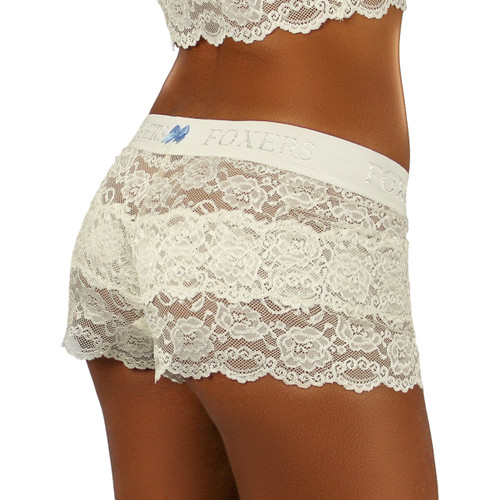 Ivory Lace Boxers for Women. Blue bow on the back of the FOXERS Logo Ivory Band