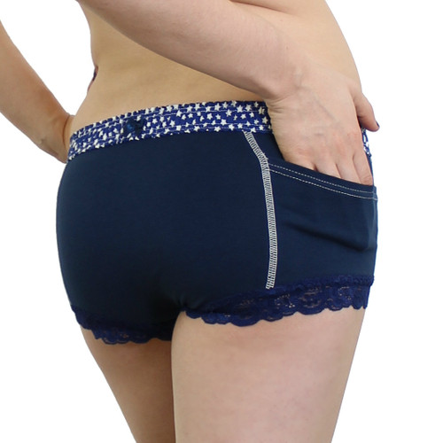 Navy Blue Girls Boxer Short Underwear with Stars and pockets