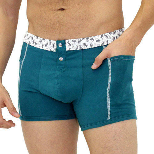 Teal Blue Men's Boxer Brief with Elk Print Waistband