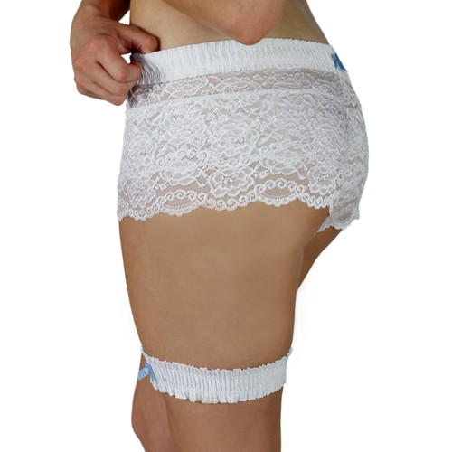 White Leg Garter with Light Blue Bow and matching lace boxers