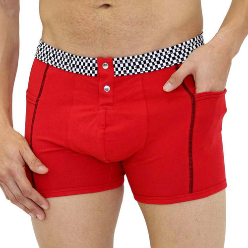 FOXERS Men's Red Boxer Brief with Checker Band