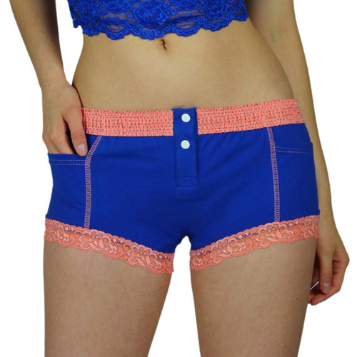Royal Blue Womens Boxers with Coral Lace around the legs
