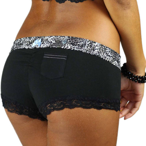 Black Boyshorts with Black Lace Trim and Feather Print Waistband