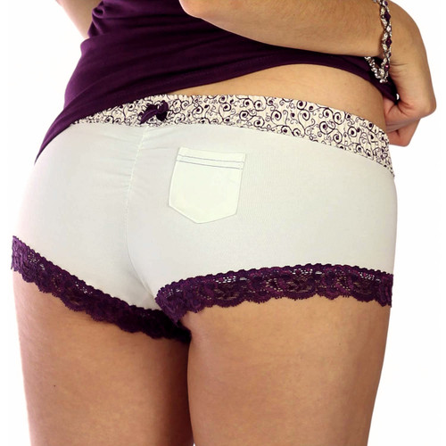 Cheeky Ivory Cotton Boyshort Panties with Plum Scroll Waist (FXBOY-11134)