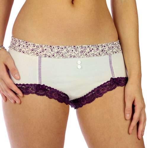 Cheeky Ivory Cotton Boyshort Panties with Plum Scroll Waist