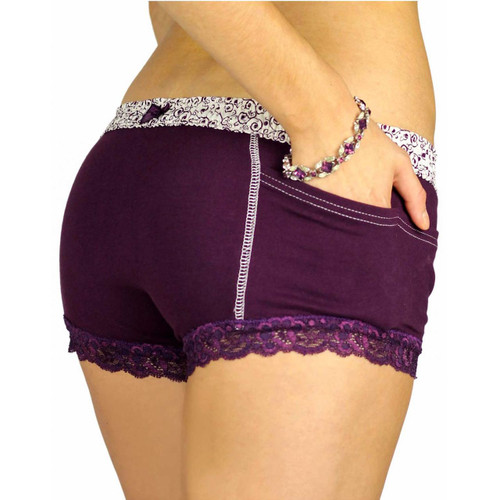 Plum Purple Boxer Briefs for Women with a Scroll Print FOXERS Band