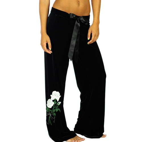 Women's Black Velvet/Velour Pants with White Rose Emboidery