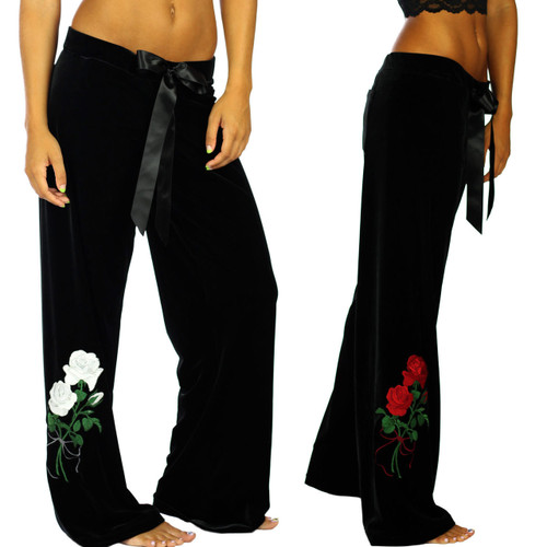 Black Velvet Palazzo Pants with Embroidered White or Red Roses