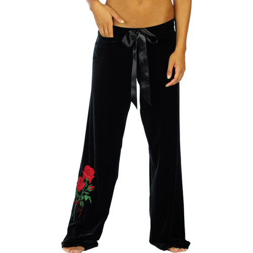 Women Velvet Lounge Pants with Red Roses Embroidery