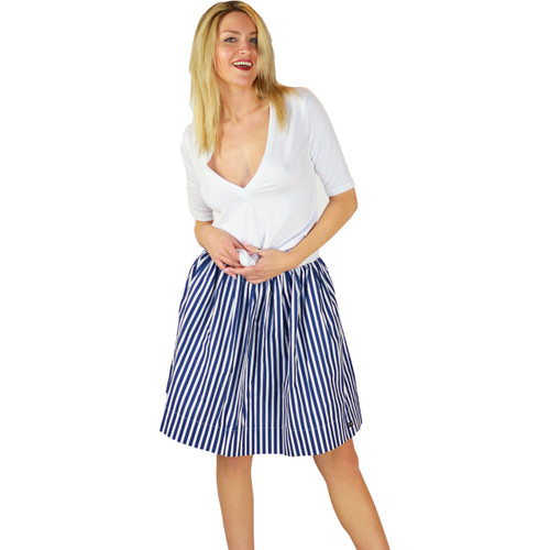 Navy Blue Striped Skirt With Pockets