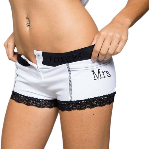 White Tuxedo Boy Short Boxers with Black Lace around the legs