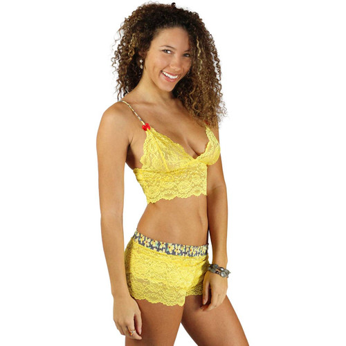 Bright yellow lace camisole and matching lace boxers