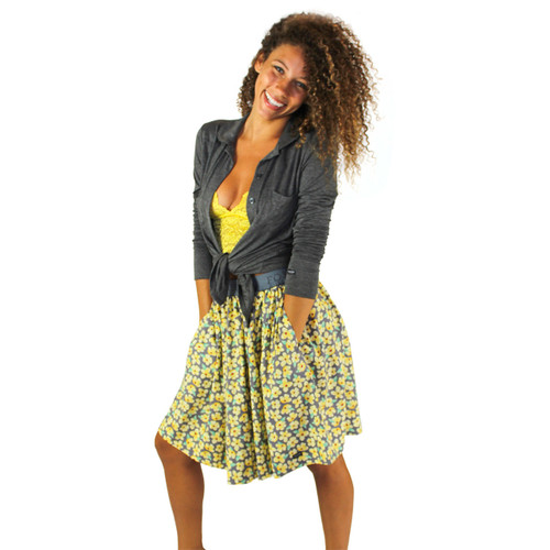 Yellow Flower Print Skirt With Pockets