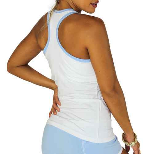 White Racerback Shelf Bra Tank Top with Lt Blue Trim
