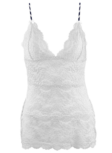 White Lace Chemise Camisole with Navy Stripe Straps