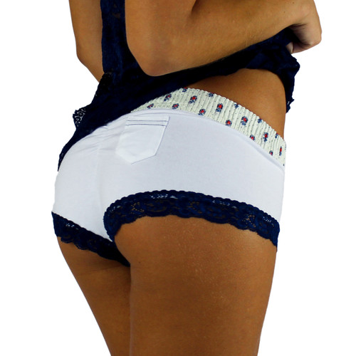 White Boy Shorts with Munroe Heritage Band and Navy Lace Trim