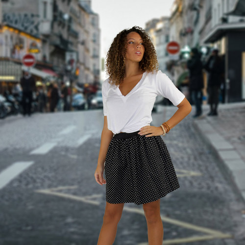 Jordan wearing a FOXERS skirt on the streets of Paris