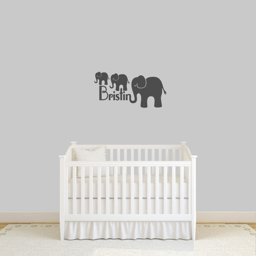 Custom Name With Elephants Wall Decal 36" wide x 18" tall Sample Image